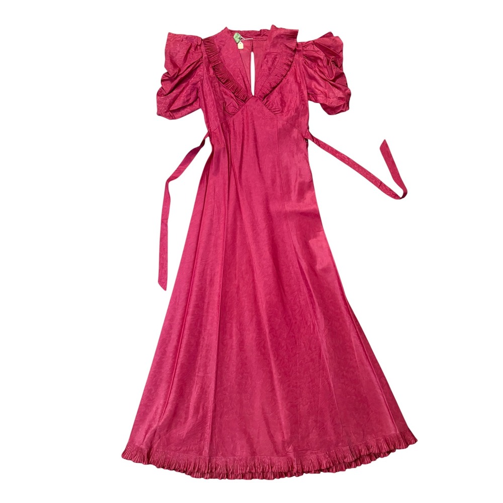 Vintage 30's Pink Moire Taffeta Dressing Hostess Gown Dress S Ruffle Antique